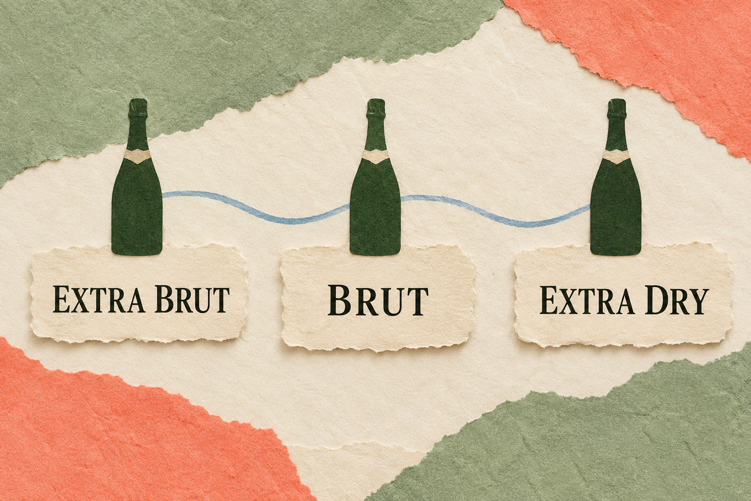 Extra Brut, Brut, Extra Dry 카드와 세 병 실루엣을 나란히 놓은 종이 콜라주