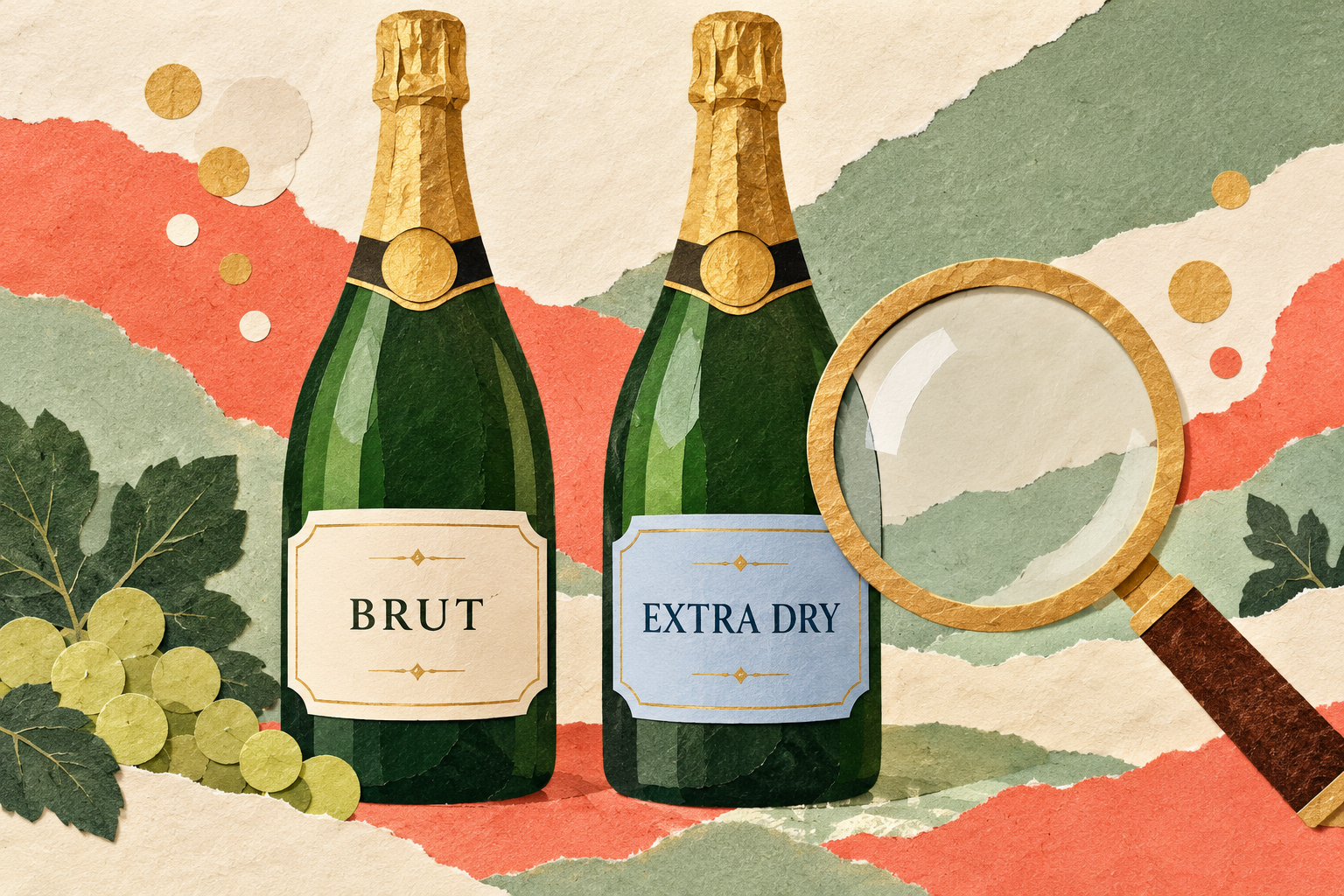 Brut와 Extra Dry 라벨의 닫힌 두 병과 돋보기를 배치한 종이 콜라주