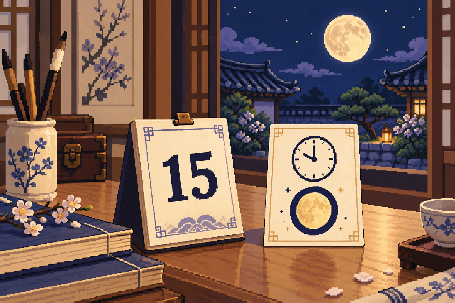 달력의 15와 시계·둥근 달 그림이 별도 카드로 놓이고 창밖에 달이 보이는 픽셀풍 책상